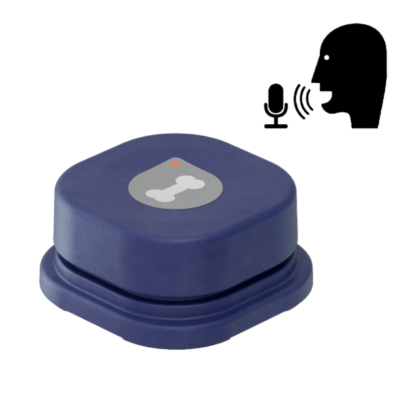 Paarse interactieve knop met hondenbot-icoon en spraakpictogram voor huisdiercommunicatie.