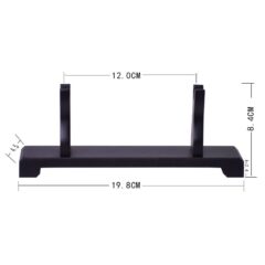 Zwarte zwaardstandaard van hout met afmetingen: 19,8 cm breed, 8,4 cm hoog, ideaal voor katana-display.
