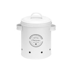 Witte uienopslagpot met deksel en handvatten, voorzien van decoratieve tekst Onions Sweet Home voor keukenorganisatie.