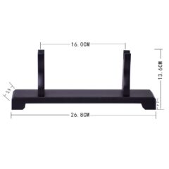 Zwart zwaardstandaard met afmetingen: hoogte 13.6 cm, breedte 26.8 cm. Ideaal voor het tonen van een katana of samuraizwaard.