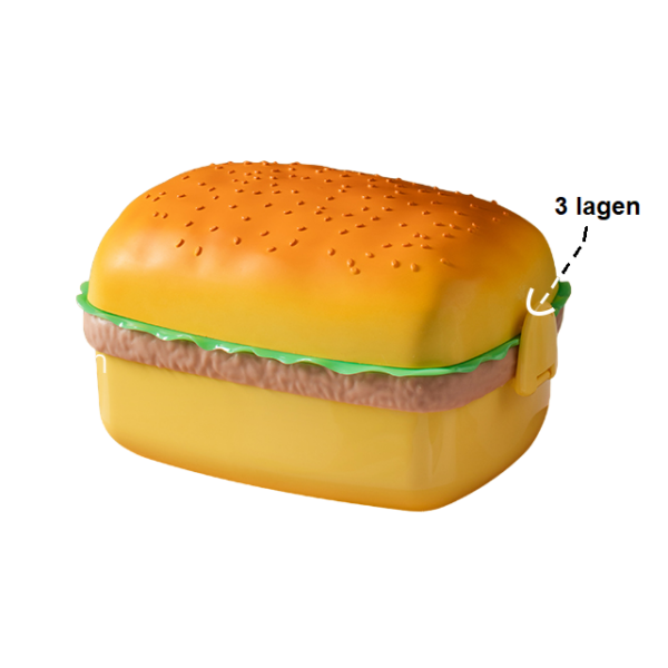 Lunchbox in hamburgerstijl met drie lagen en klip, perfect voor maaltijden onderweg.