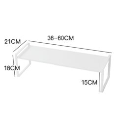 Wit uitschuifbaar opbergrek voor bureau van 36-60 cm breed, 21 cm hoog en 15 cm diep, biedt flexibele opbergoplossing.