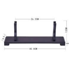 Zwarte standaard voor zwaard of mes, afmetingen: 40.8x26.2x12 cm, ideaal voor veilige presentatie en opslag.