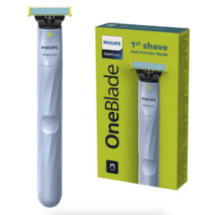 Philips OneBlade scheerapparaat en verpakking, geschikt voor de eerste scheerbeurt met anti-wrijvingsmes.