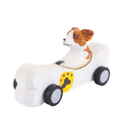 Jack Russel in een Autotje Hond Beeldje Decoratie Hout Handgemaakt