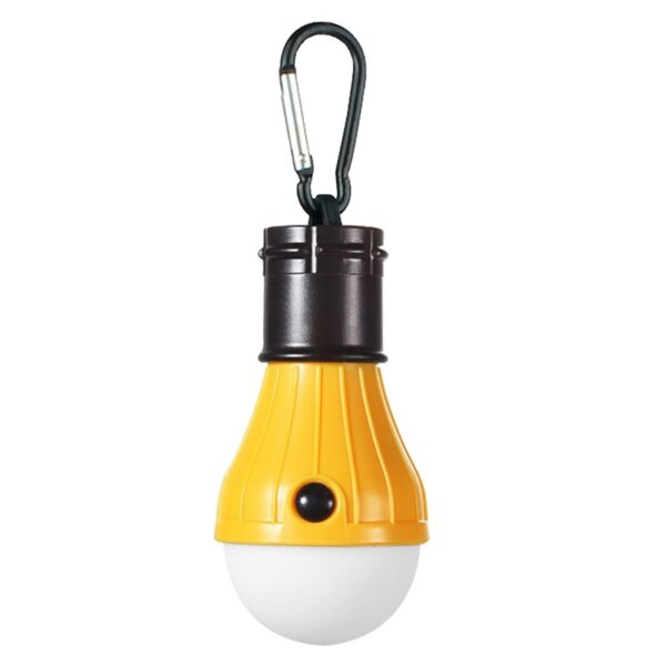 Geel-witte LED kampeerlamp met karabijnhaak, ideaal voor outdoor avonturen en noodsituaties.