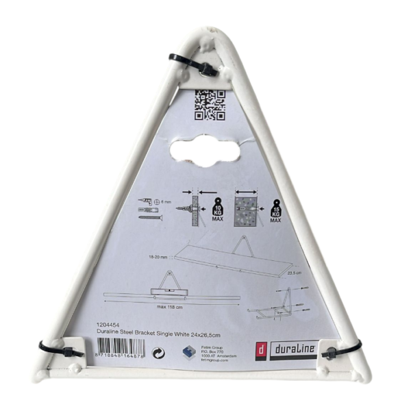 Driehoekige verpakking van een Duraline witte stalen beugel, inclusief bevestigingsinstructies en maximumgewicht.