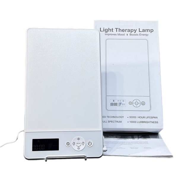 Witte lichttherapielamp met energieverhogende functie, inclusief digitale timer en verpakking met specificaties.
