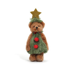 Pluche beer verkleed als kerstboom met ster, perfect voor kerstdecoratie of cadeau voor de feestdagen.