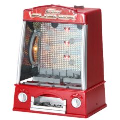 Rode muntenschuiver automaat met glanzende achtergrond en munten in de lade, ideaal voor speelhal liefhebbers.