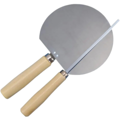 Broodzaag met houten handvatten en ronde metalen bladen voor gelijkmatig sneetjes brood of gebak.