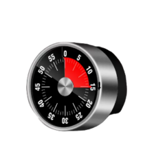 Keukentimer in retrostijl met roestvrijstalen rand en rode markering, ingesteld op 5 minuten. Perfect voor koken en bakken.