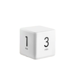Witte kubus met timers van 1 en 3 minuten op zijden, voor tijdmanagement en productiviteit.