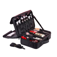 Make-up koffer met opbergvakken voor borstels en cosmetica, ideaal voor reizen en georganiseerd opbergen.