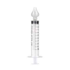 Transparante medische spuit van 10 ml met maatverdeling en siliconenpunt, voor nauwkeurige dosering.