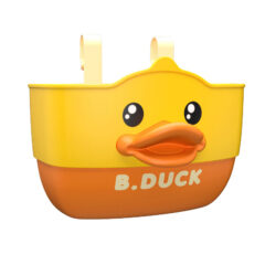 Geel-oranje B. Duck kinderfietsmand met lachend eendje voorop. Handig voor speelgoed en snacks onderweg.