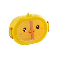 Gele lunchbox voor kinderen in de vorm van een schattig eendengezicht met wangen en glimlach.