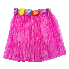 Roze Hawaïaanse hoelarok met kleurrijke bloemenriem, perfect voor zomerse feesten en thema-avonden.