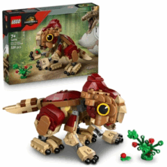 LEGO-dinosaurus bouwset met rode en bruine stenen, geschikt voor kinderen vanaf 7 jaar, inclusief plantaccessoires.