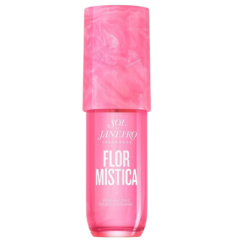 Roze fles Sol de Janeiro Flor Mistica parfum mist met stijlvolle verpakking.