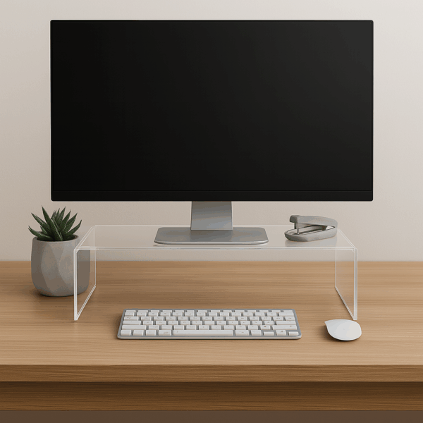 Moderne werkplek met computermonitor, toetsenbord, muis en planten op een bureau. Stijlvolle en georganiseerde opstelling.