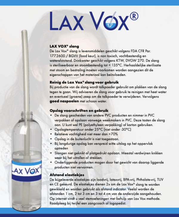Lax Vox® slang en fles voor stemoefeningen, geschikt voor levensmiddelen en herhaaldelijk steriliseren, volgens voorschriften.