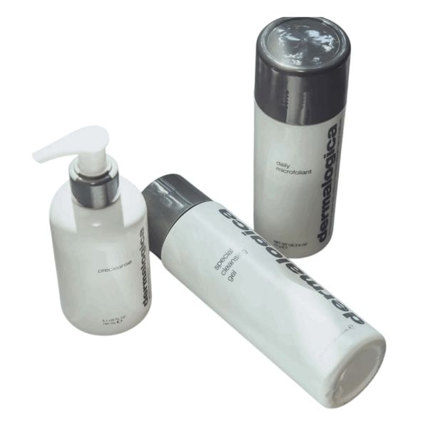 Dermalogica huidverzorgingsproducten: Precleanse, Daily Microfoliant, en Special Cleansing Gel voor optimale gezichtsreiniging.