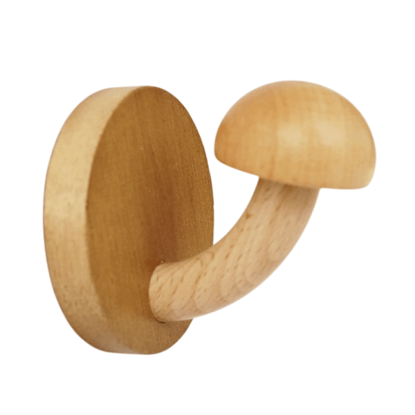 Houten kapstokhaak in paddenstoelvorm, ideaal voor het ophangen van jassen of tassen in de hal.