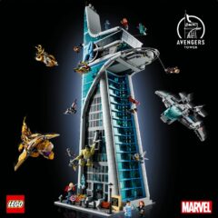 LEGO Marvel Avenger Toren set met superhelden en voertuigen ontplooiend rond een iconisch blauw gebouw, 5201 stuks.
