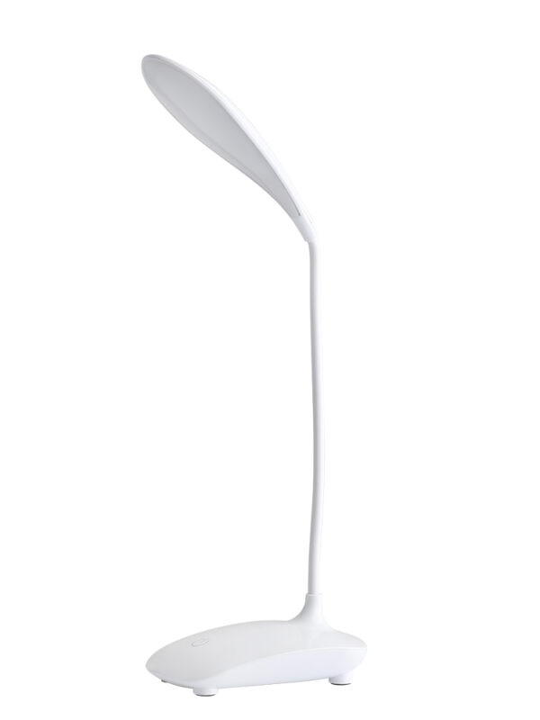 Moderne witte LED-bureaulamp met gebogen ontwerp voor stijlvolle en energiezuinige verlichting in kantoren of thuis.