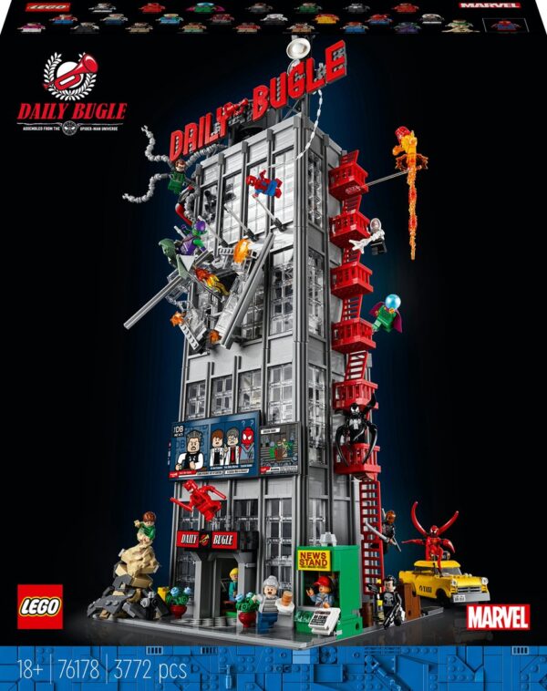LEGO Daily Bugle set met superhelden en schurken in actie, geïnspireerd door het Spider-Man universum.