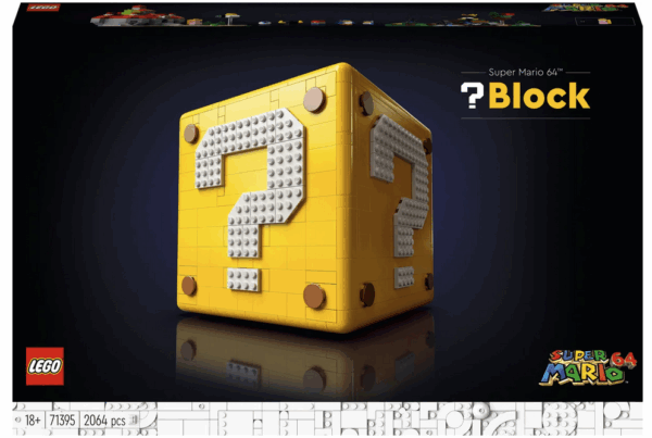 LEGO-set Super Mario 64 Mystery Block met iconisch vraagteken, 2064 stuks, leeftijd 18+, zwart achtergrond.