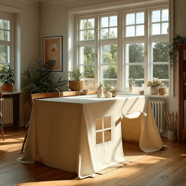 Lichte eetkamer met zonnig raam, houten vloer en tafel met doek; omgeven door planten en decoratieve voorwerpen.
