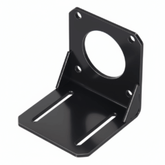 Metalen L-vormige beugel met schroefgaten en ronde uitsparing, geschikt voor montage van componenten.