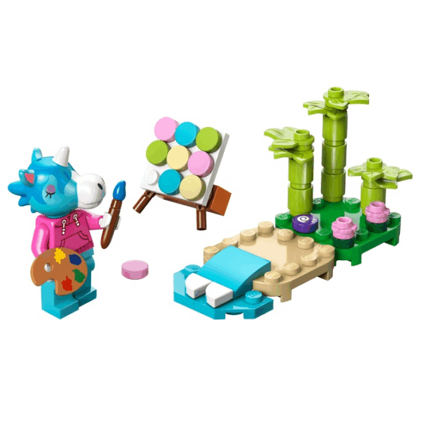 LEGO-dinosaurus in eenhoornpak schildert een kleurrijk kunstwerk naast een exotische tuin.