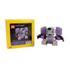LEGO olifant speelgoedset met doos, geschikt voor kinderen vanaf 10 jaar, 147 stukjes in grijs en roze.