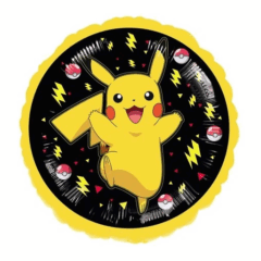 Blije Pikachu met bliksemschichten en Poké Balls op een zwarte achtergrond. Perfect voor Pokémon-feesten!