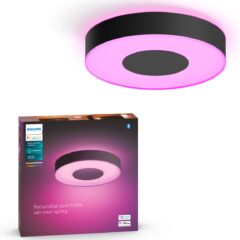 Slimme plafondlamp met roze licht van Philips Hue inclusief productverpakking voor personaliseerbare verlichting.