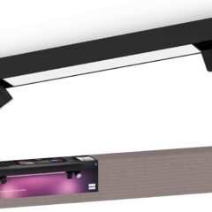 Zwarte slimme plafondlamp met verstelbare spots en verpakking, voor personaliseerbare sfeerverlichting in huis.