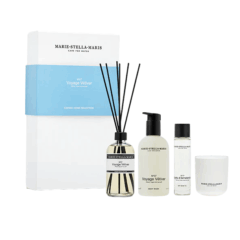 Set van Marie-Stella-Maris producten: geurverspreider, body wash, bed & body mist en kaars in geschenkverpakking.