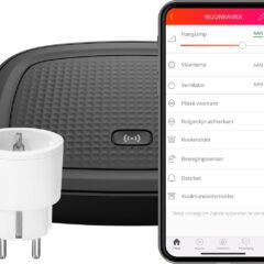 Slimme plug, hub en smartphone-app voor thuisautomatisering in de woonkamer: beheer lampen en sensoren moeiteloos.