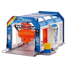 Speelgoed autowasstraat met kleurrijke borstels en regenboog, perfect voor jonge autoliefhebbers en fantasierijk spel.