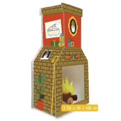 Kartonnen Sinterklaas schoorsteen met tekeningen van boot, Sint en cadeau's. Geschikt als versiering, 50x30x100 cm.