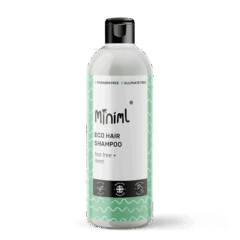Miniml Eco Haarshampoo met tea tree en munt, zonder parabenen en sulfaten. Geschikt voor veganisten.