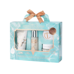 Hydration skincare ontdekkingsset met crème, toner en vochtinbrengende producten in een blauwe giftbox met strik.