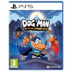 PS5-spel Dog Man: Mission Impawsible coverart met heldhaftige hond en sidekick op een stadssilhouet. Leeftijd: 3+.