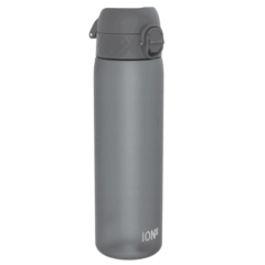 Grijze herbruikbare waterfles met lekvrije draaidop, ideaal voor sport en dagelijks gebruik.