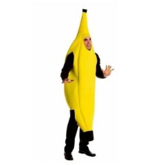 Man in een grappig bananenpak poseert. Perfect voor kostuumfeesten of carnavalsvieringen.