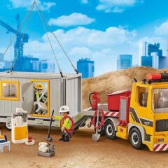 Speelgoed bouwwerf met Playmobil figuren, vrachtwagen en container. Constructiespeelgoed voor kinderen.