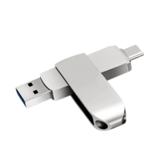 Duale USB-stick met zowel USB-C als USB-A aansluitingen voor dataopslag, zilverkleurig ontwerp.